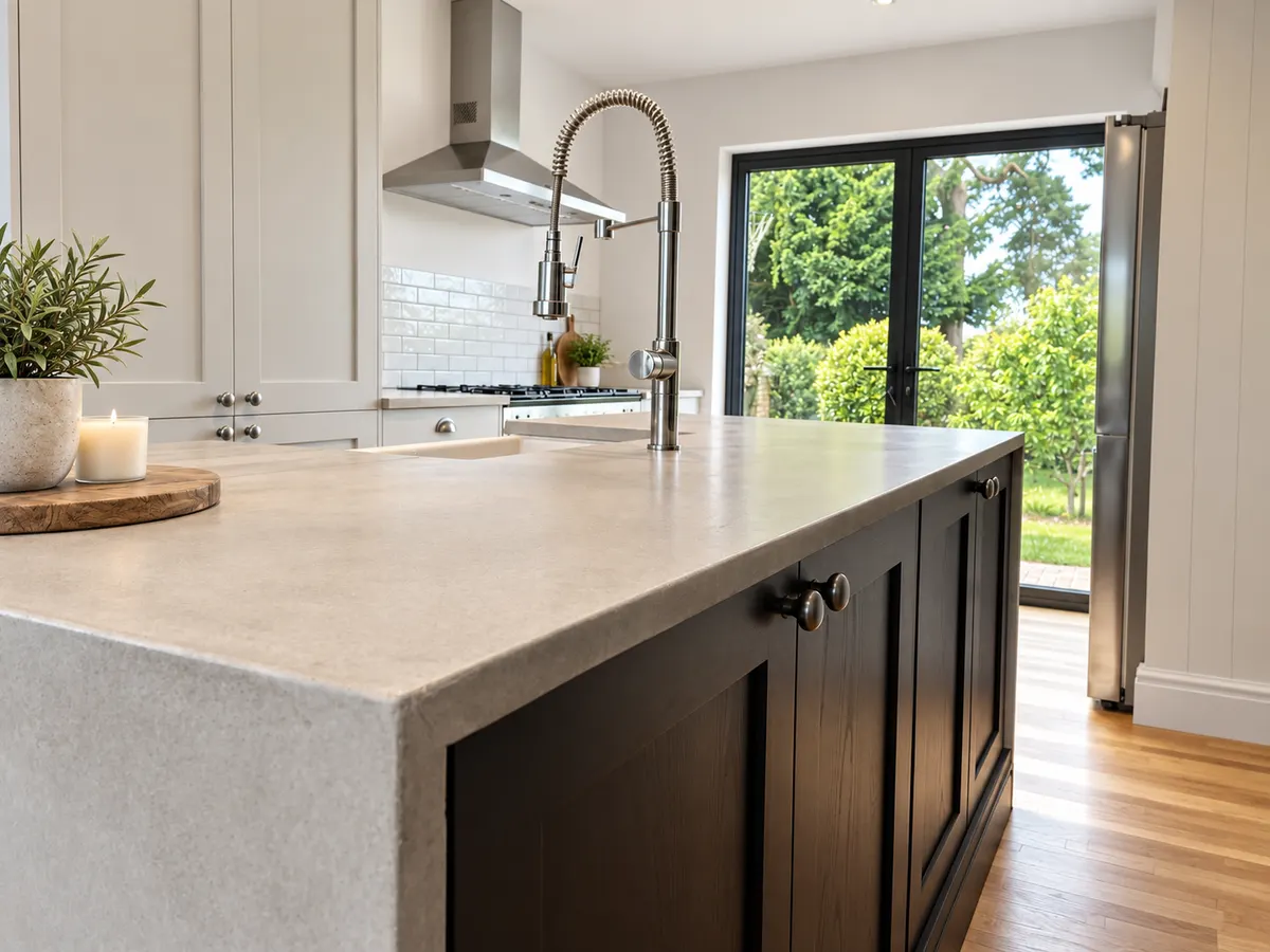 Polished concrete worktop edge on a dark shaker island with a pull-down spray tap behind