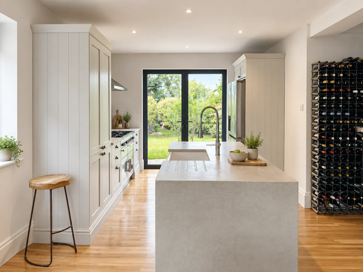 Long kitchen with panelled larder units, a concrete topped island, stool and wine rack, doors to the garden