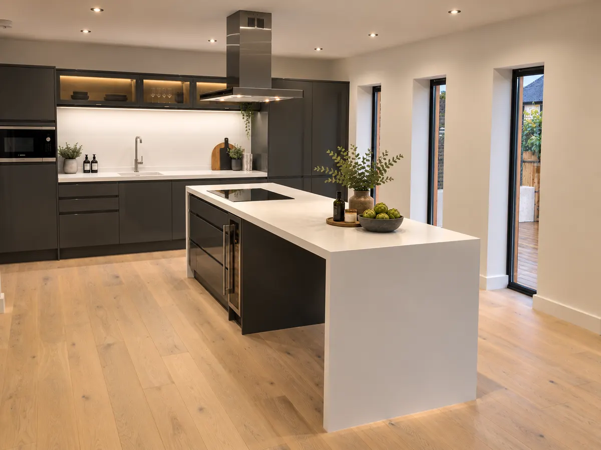 Handleless graphite kitchen with a ceiling extractor over the island and LED strip lit shelves