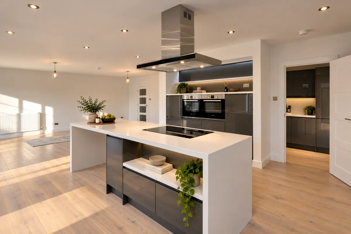 White waterfall island with induction hob and open shelf in a bright open-plan graphite kitchen