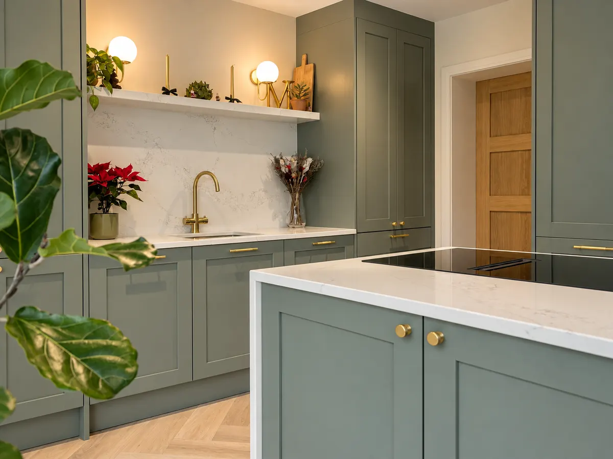 Brass swan neck tap over an undermount sink in a green shaker kitchen with veined quartz worktops
