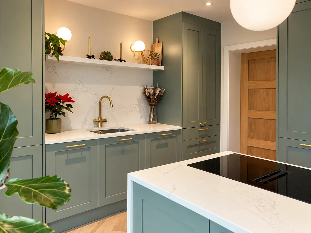 Sink run in green shaker units with a brass tap, quartz splashback and a floating oak shelf lit by wall lights