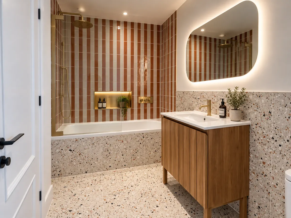 Bathroom with rust and cream striped wall tiles, terrazzo floor, walnut vanity and a back-lit mirror