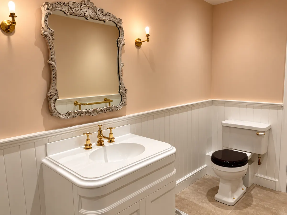 Curved vanity basin with brass taps, ornate mirror and wall lights next to a traditional WC