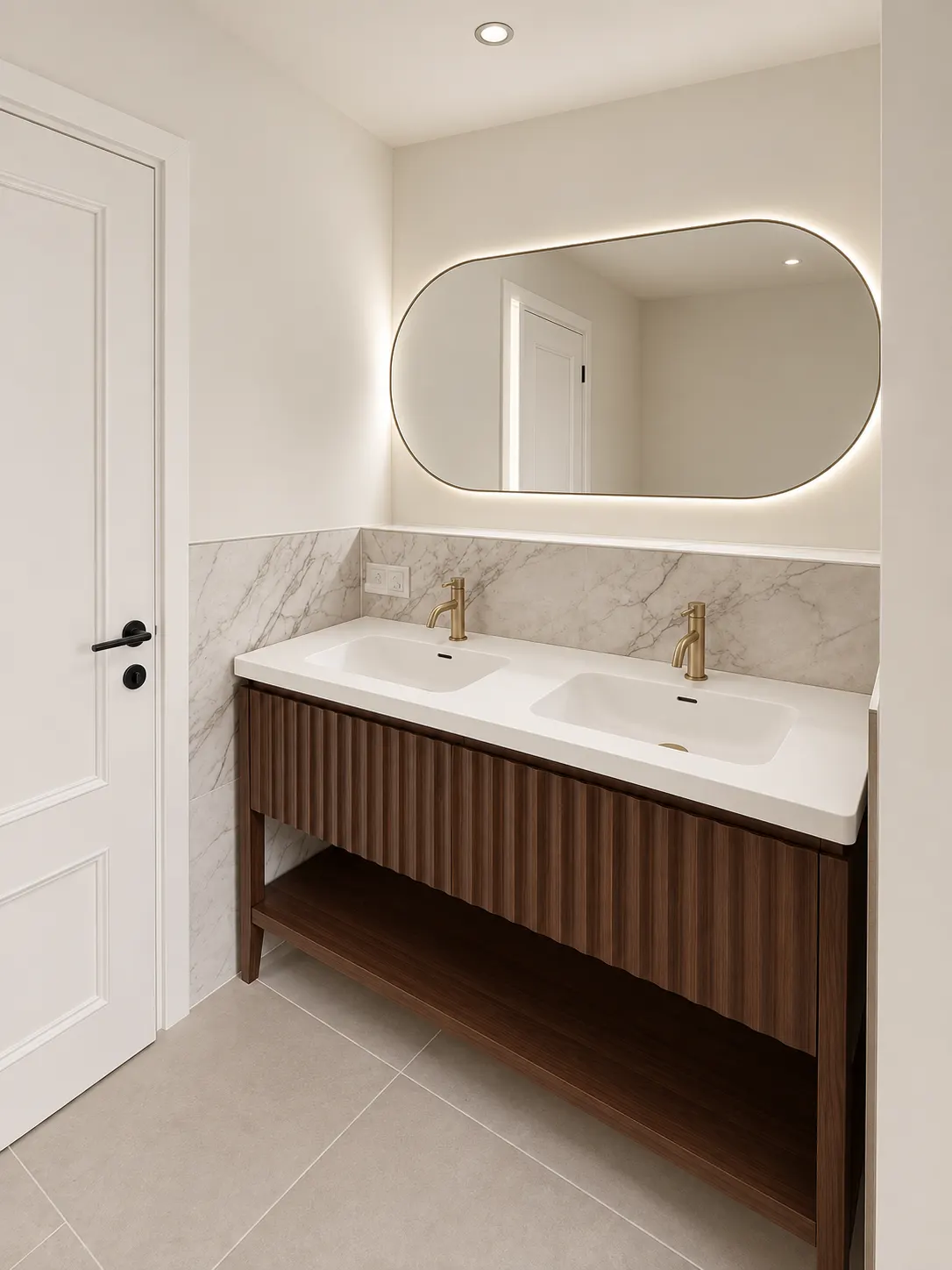 Fluted walnut double vanity with two brass taps under a pill shaped LED mirror